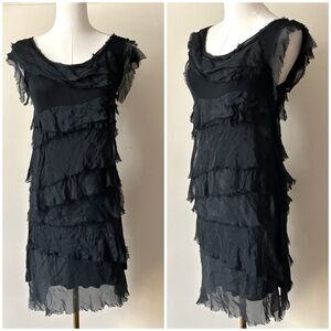 NWT‎ Tempo Paris 100% Silk Artsy Unique Raw Hem Whimsical Tiered Dress In Black